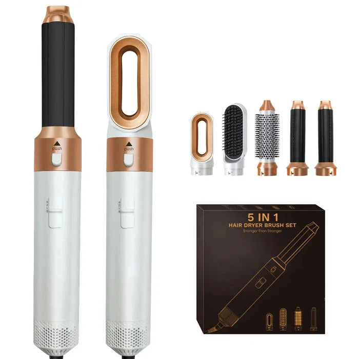 Premium 5 in 1 Hair Styler Pro – Transform Your Hair Game with One Tool! Silky Hair Gold & White